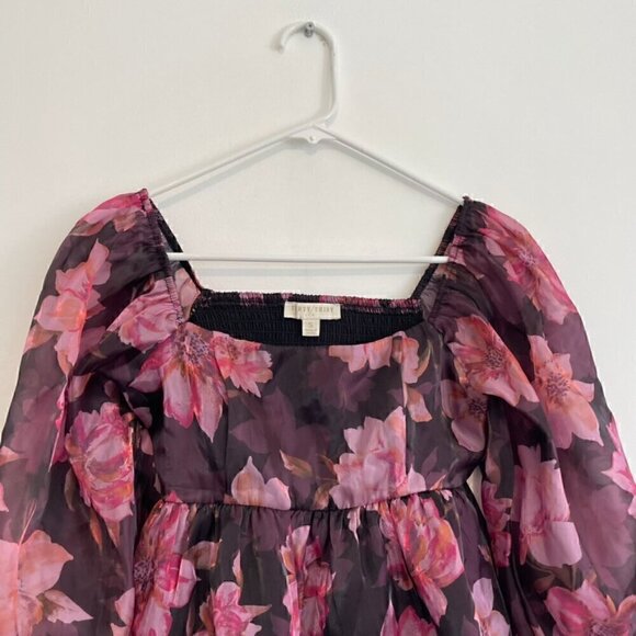 THIRTY THIRTY LA Plum Purple Pink Floral Shiny Square Neck 3/4 Sleeve Blouse S - Picture 4 of 14